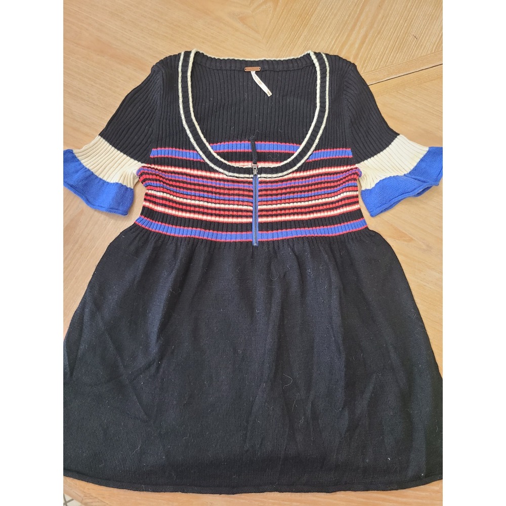 Free People Tunic Women Medium Black Multi  Striped Zip Ruffle Babydoll